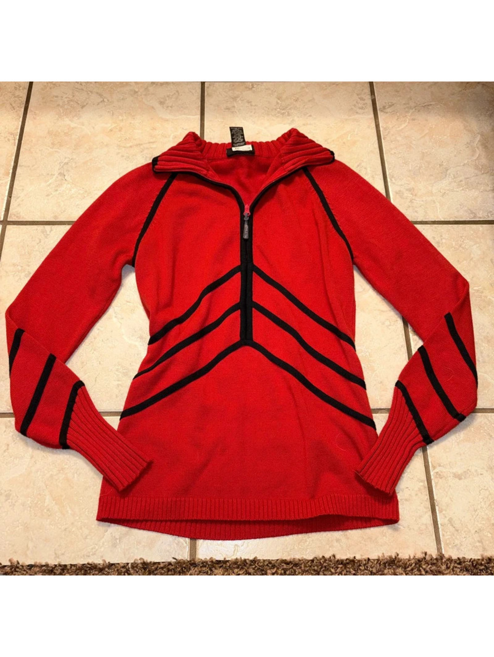 Red and Black Vintage Stripped Fitted Y2K Zip Up Sweater